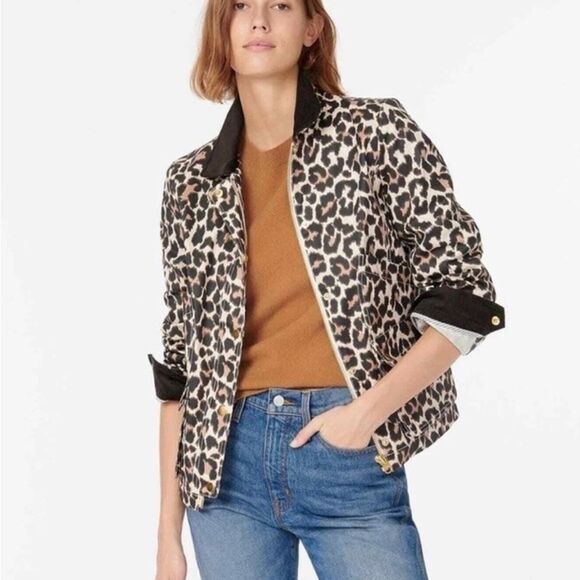 J Crew Jacket Barn Rain Utility Leopard Print Coat Brown Black Ivory Size XS - Picture 1 of 16